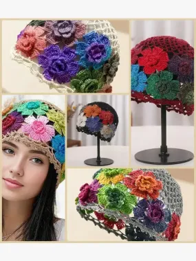 Colorful 3D Vintage Hollow-Out Boho Floral Crochet Beanie