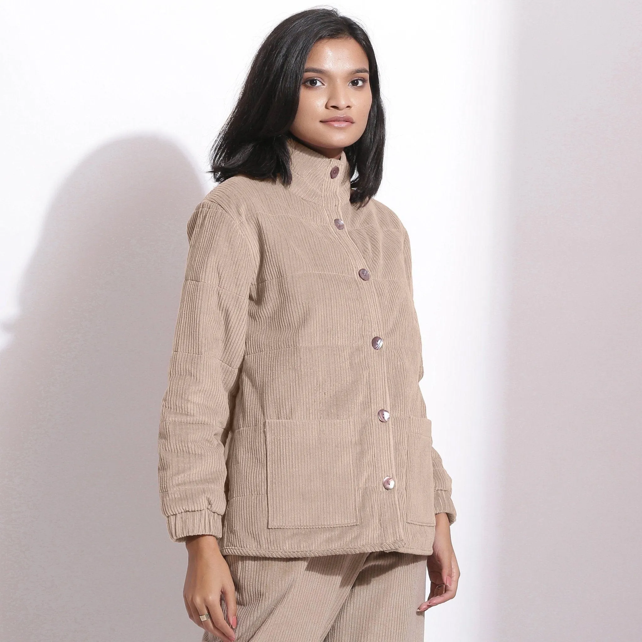 Dusk Beige Warm Cotton Corduroy Quilted Puffer Jacket